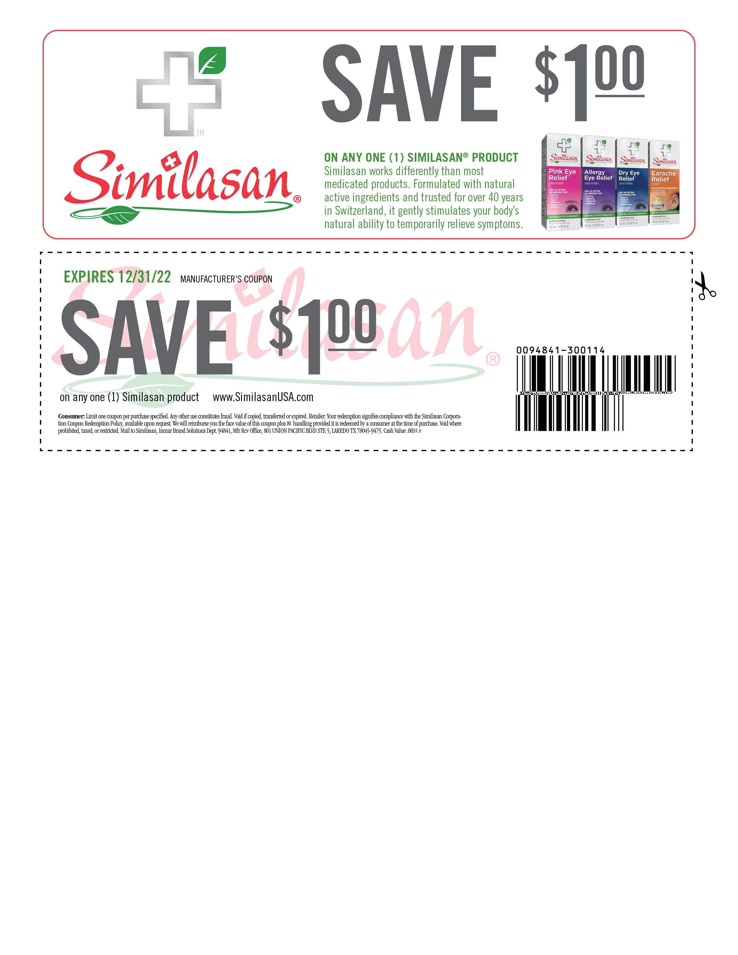 Save one dollar on Similasan products